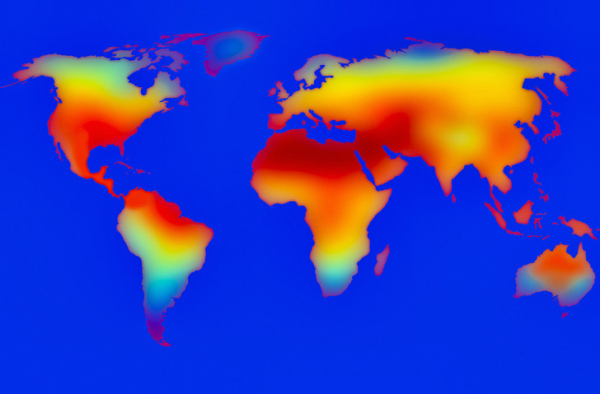 A heat map of the world showing the hottest areas in red and orange; blue background